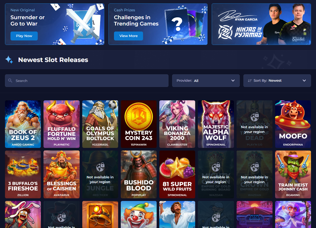 Newest slot releases shelf on Rainbet showing recently added game tiles and promotional banners