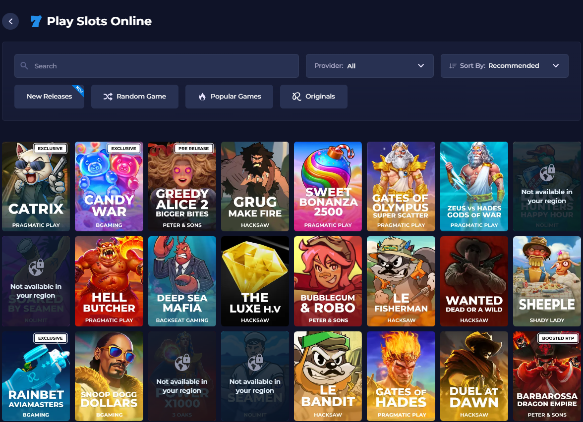 Rainbet slots lobby with provider filters and game tiles including Sweet Bonanza and Gates of Olympus