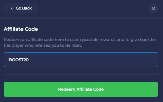 Rainbet affiliate code dialog with BOOST20 typed into the field above the Redeem Affiliate Code button