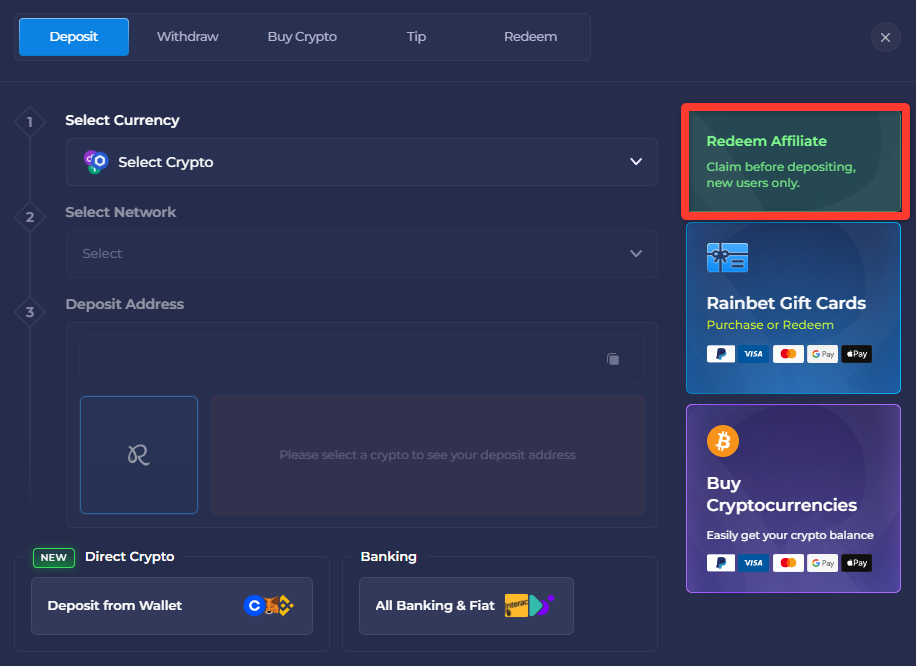 Rainbet Deposit window with the Redeem Affiliate panel highlighted on the right-hand side