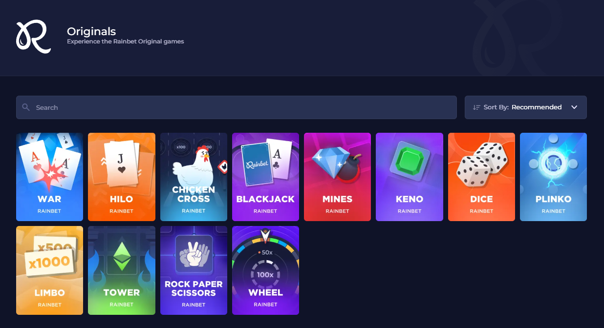 Rainbet Originals lobby showing instant games such as Blackjack, Mines, Keno, Dice and Plinko
