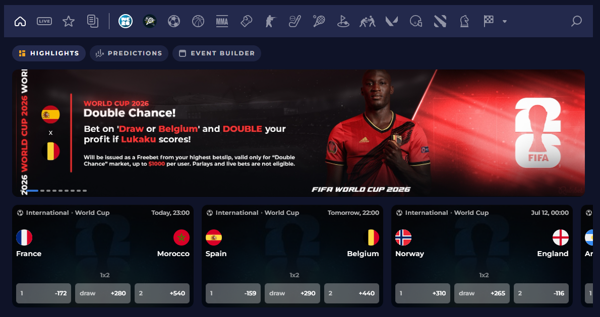 Rainbet sportsbook section showing soccer match markets and a World Cup promotional banner